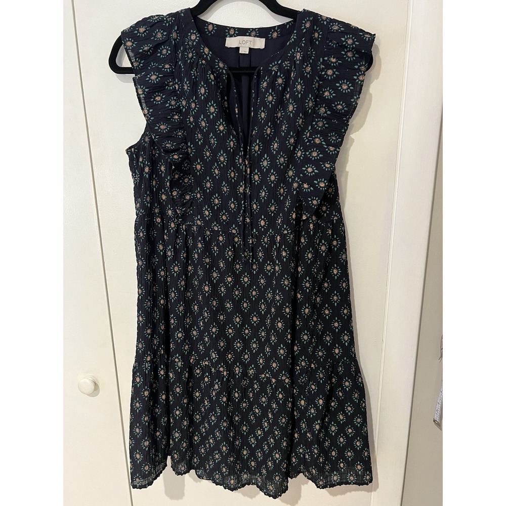 Loft Floral Ruffle Tie Neck Dress Navy Blue Size Small Women's Cap Sleeve